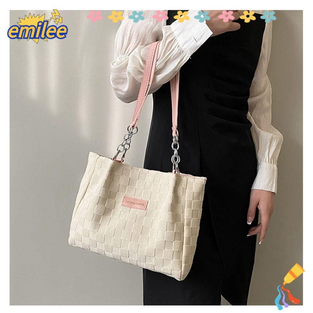 Emilee Tote Bag, Plush กระเป๋าสะพายความจุขนาดใหญ่, กระเป๋าถือลายสก๊อตทนทานผู้หญิง