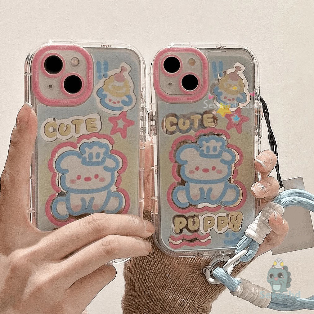 น่ารักลูกสุนัขสัตว์เลี้ยง Candy สไตล์เคสโทรศัพท์ Blue Lanyard สําหรับ iPhone 11 13 14 15 16 12 Pro Max Xr X Xs Max 7 8 Plus INS แฟชั่นเต็มรูปแบบเลนส์ด้านข้างกระจก TPU Cover