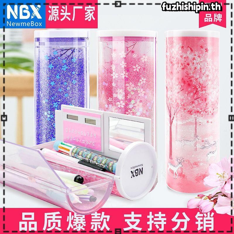 Nbx กล่องดินสอมัลติฟังก์ชั่นยืน Quicksand ดินสอกรณี Double Layer ทรงกระบอกน่ารักปากกากระเป๋าพร้อมกระจก Erasable Notepad เครื่องคิดเลขขนาดใหญ่ความจุ St
