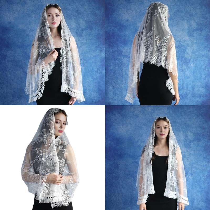 FLY Elegant Lace Veil สําหรับโอกาสอย่างเป็นทางการ Fringed Latin Mass Headscarf ดอกไม้ Veil