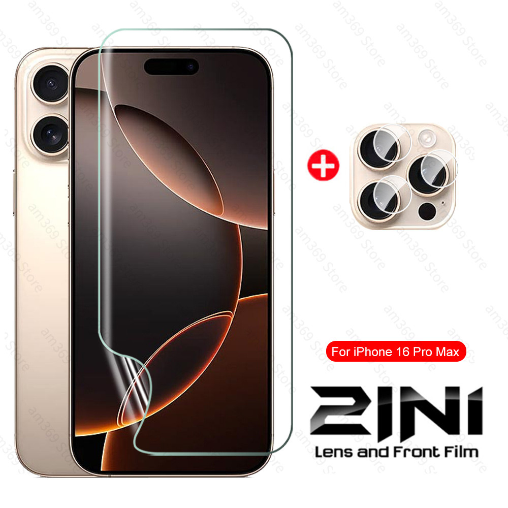 2in1 Hydrogel ฟิล์มฟิล์มนุ่มไม่ใช่แก้วสําหรับ iPhone 16 Pro Max 2024 เลนส์กล้องกระจกป้องกันหน้าจอ iP