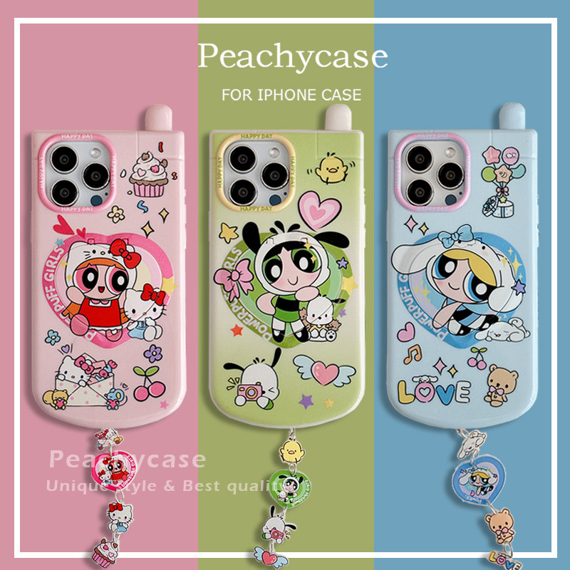 น่ารัก Hello Kitty Pochacco Power Girl Flip ที่วางกระจกแต่งหน้าขาตั้งเคสโทรศัพท์สําหรับ iPhone 16 15 14 13 12 Pro Max 11 พร้อมโซ่ TPU กันกระแทกปลอกมือถือ