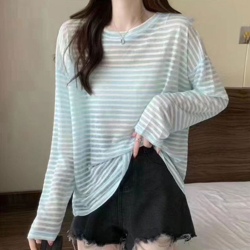 เสื้อยืดแขนยาวใหม่ล่าสุด     ลายทางและลายเขียว พร้อมส่งทันที