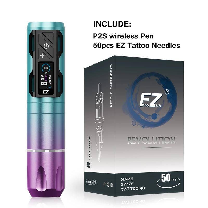Tattoo P2S Kit EZ เครื่องสักไร้สายปากกาแบตเตอรี่ 1800mAh OLED จอแสดงผลดิจิตอลมอเตอร์ไร้แปรง 50 ชิ้น