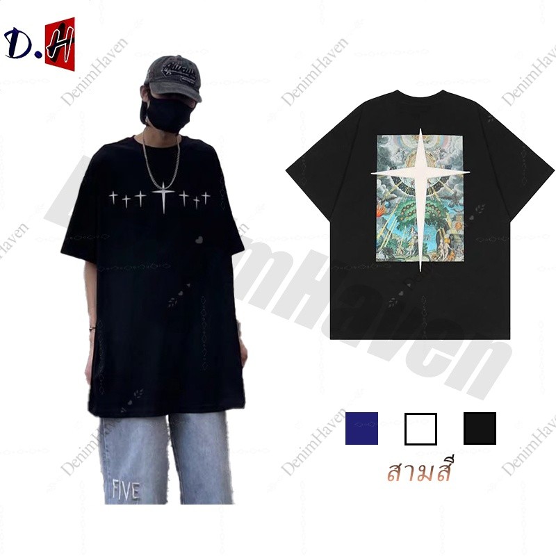 🔥D.H🔥เหมาะกับฤดูร้อน สไตล์สตรีท แบบครึ่งแขน  เสื้อคู่ลำลองทรงหลวมพิมพ์ลายย้อนยุค  สําหรับผู้ชาย สไตล์อเมริกัน เสื้อยืดแขนสั้นสไตล์ High Street เสื้อยืดแขนสั้นลําลอง ทรงหลวม ลายวาฟเฟิล
