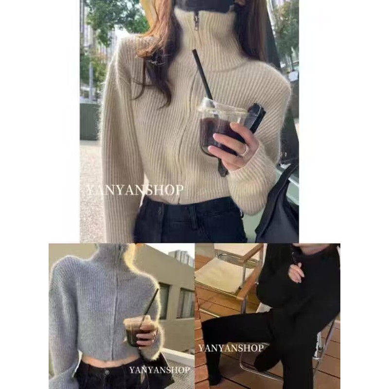เสื้อสเวตเตอร์คอเต่าแบบสั้นมีซิปสำหรับผู้หญิงเสื้อถักแขนยาวทรงหลวมสีพื้นสำหรับฤดูใบไม้ผลิและฤดูใบไม้ร่วง