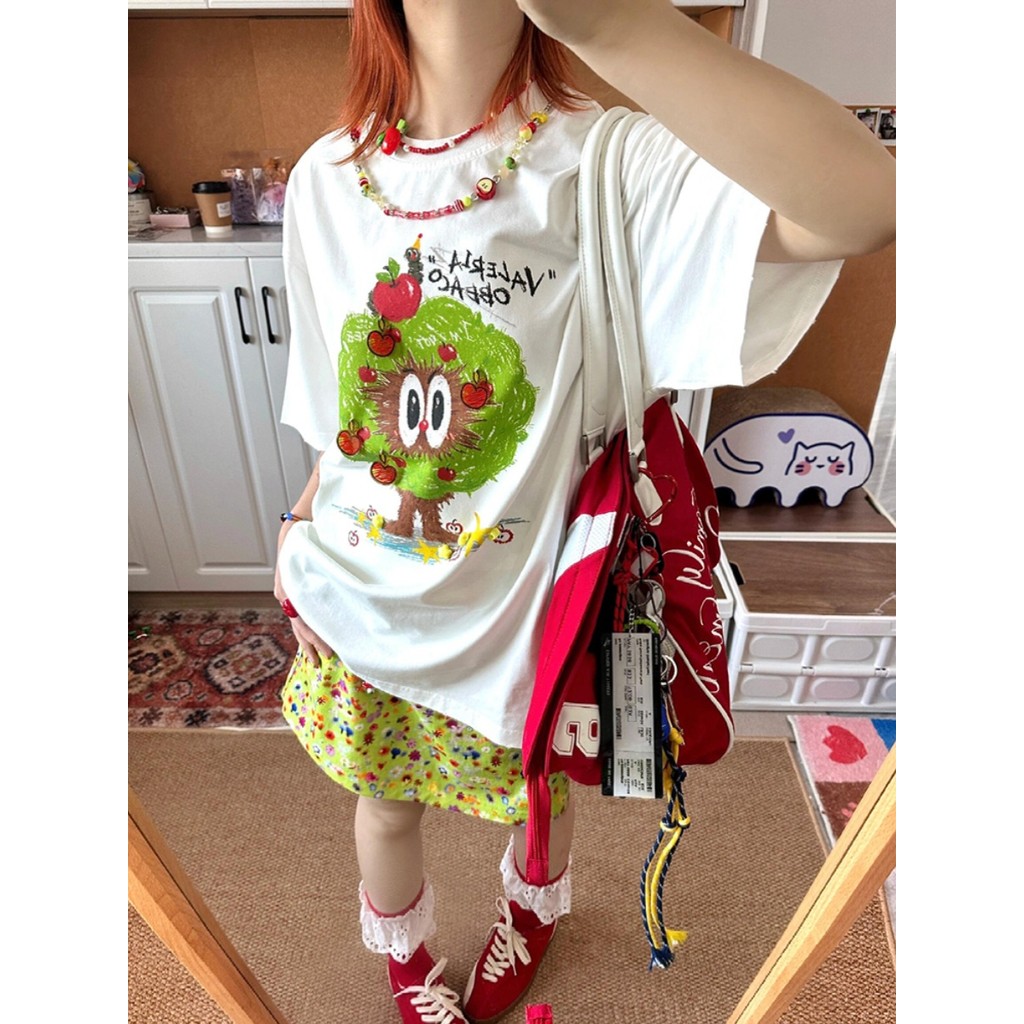 COD (จัดส่งในกรุงเทพฯ) MAO Shop Printed T-shirt，เสื้อยืดพิมพ์ลายต้นแอปเปิ้ลที่เรียบง่าย oversize #53379