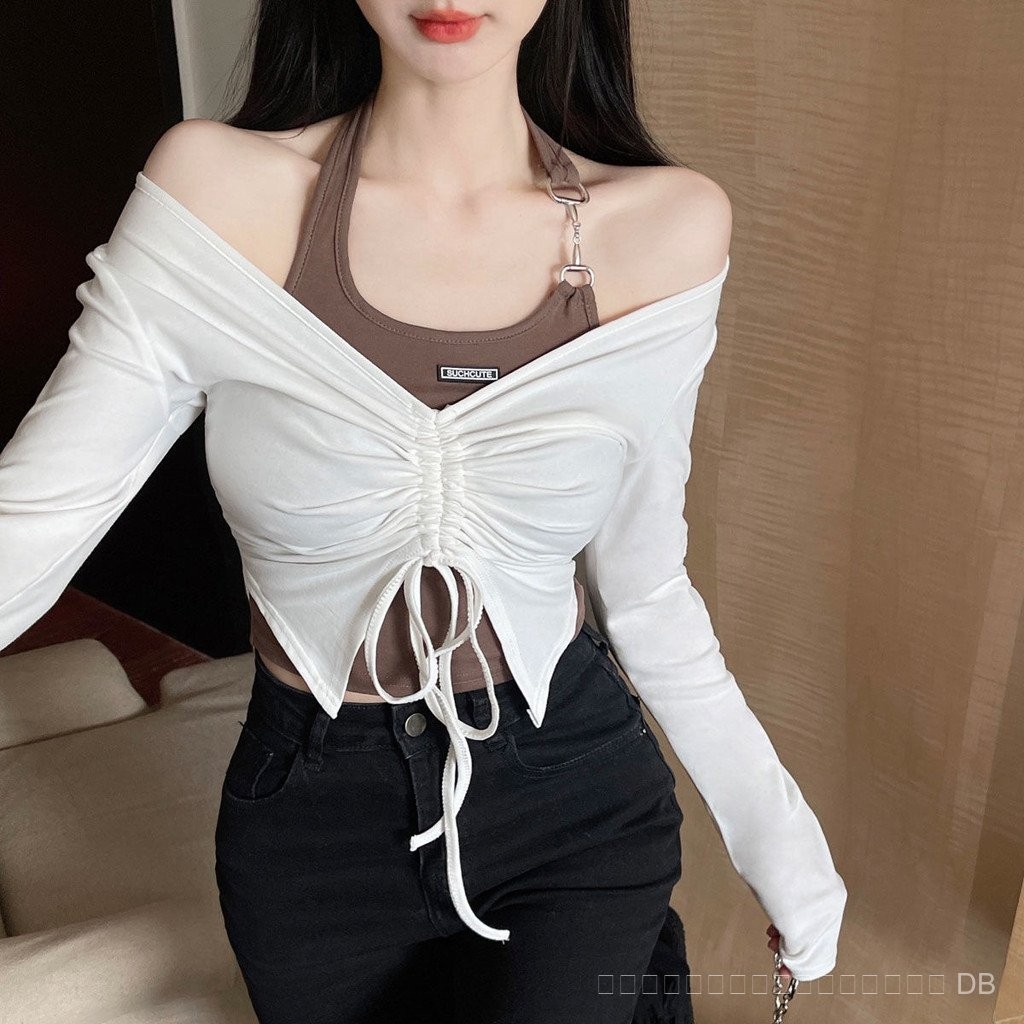ชุดสูทสองชิ้นสำหรับสาวฮอตเสื้อสายเดี่ยวสายคล้องคอแบบใหม่สำหรับผู้หญิง2022ฤดูใบไม้ร่วง