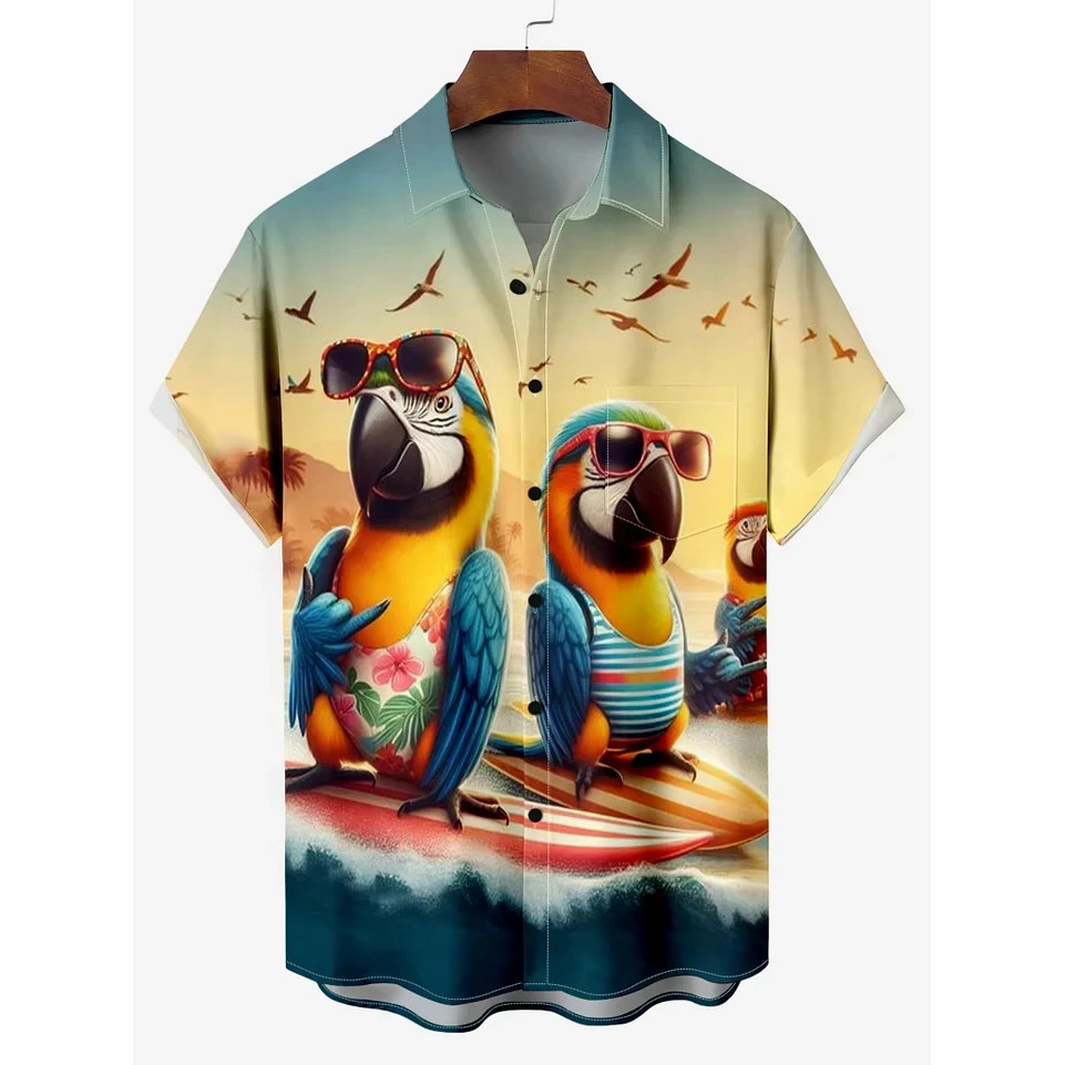 น่าสนใจ Parrot Mens Guitar เสื้อฮาวาย 3D พิมพ์ผู้ชายฤดูร้อนหลวมชายหาด Oversize แขนสั้นเสื้อผู้ชายสําหรับชาย