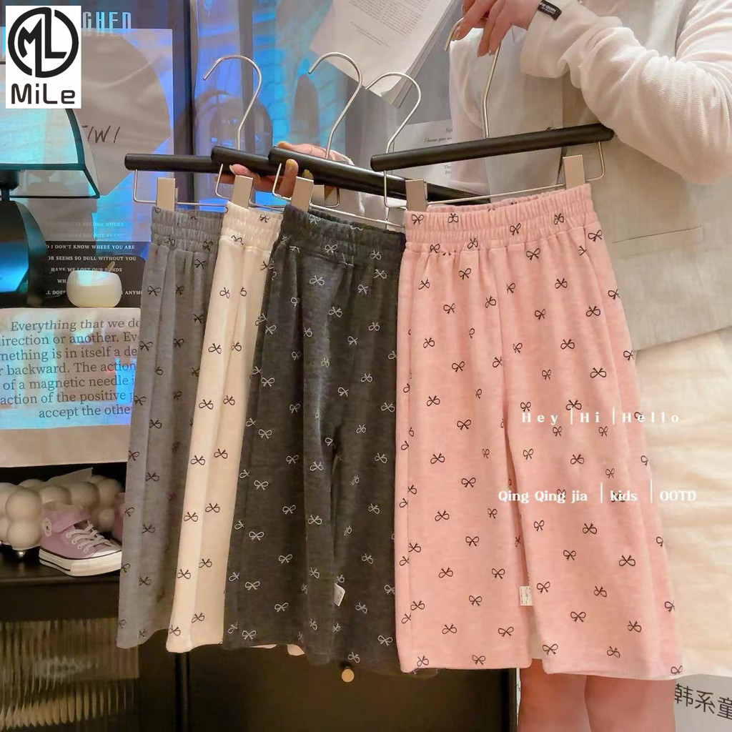[มล] 80-160ซม สาวฤดูใบไม้ผลิฤดูใบไม้ร่วงพิมพ์กางเกงขากว้างเด็กสวมใส่ด้านนอกโบว์ เลกกิ้ง ยืดหยุ่นตรงกางเกงลําลอง