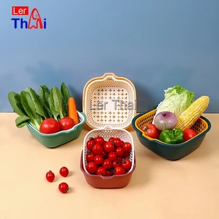 LerThai ตะกร้าล้างผักผลไม้ 2in1 แบบ 2 ชั้น กันน้ำกระเด็น พร้อมตะแกรงระบายน้ำ Vegetable/Fruit Washing Basket