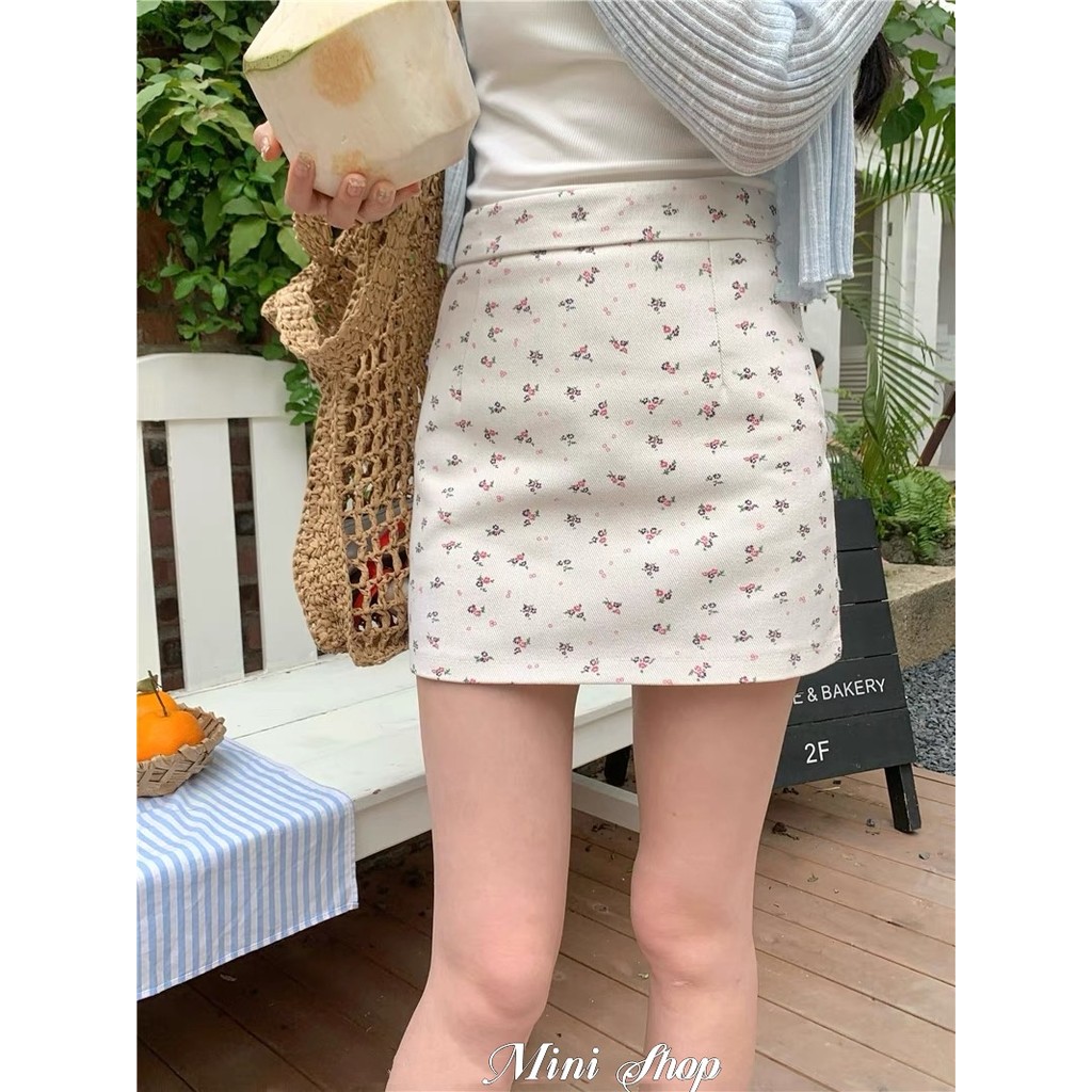 Mini shop พร้อมส่ง (12503) กระโปรงไหมพรม เอวสม๊อก ลายดอกไม้สองสีสไตลเกาหลี สดใสเวอร์