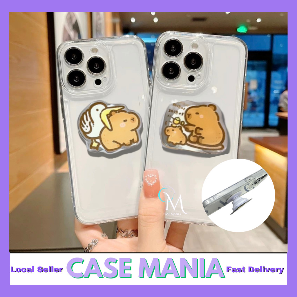 IPH 15 15 Pro 15 Plus 15 Pro Max เคสนิ่มใสพร้อมที่วางโทรศัพท์ Capybara
