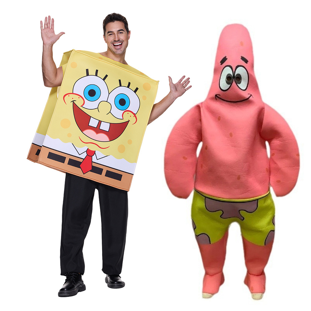 พร้อมส่ง เครื่องแต่งกาย Spongebob น่ารักสำหรับผู้ชาย ชุดมาสคอตการ์ตูนฮาโลวีนสำหรับผู้ใหญ่ คู่คลาสสิกสพันจ์บ็อบเพื่อนคอสเพลย์ชุด การแสดงบนเวทีปาร์ตี้แต่งตัวชุด
