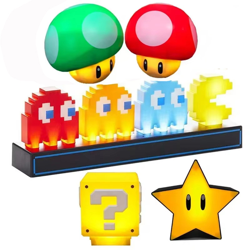 Super Mario Bros โคมไฟ Super Star Light Pixel Light เกมชาร์จโคมไฟตั้งโต๊ะวันเกิด X-mas ของขวัญ