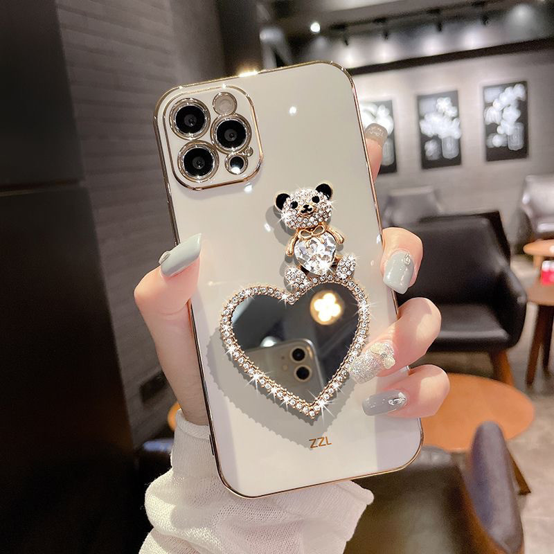 Rhinestone รักแต่งหน้ากระจกหมีเข้ากันได้กับ iphone15promax เคสโทรศัพท์ใหม่14Pro พรีเมี่ยม13 b0ng