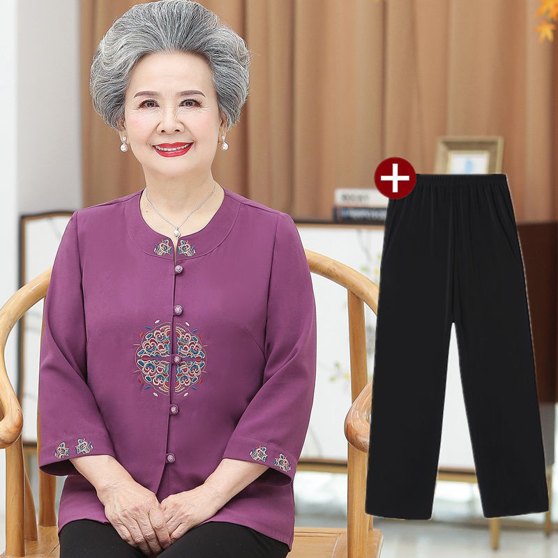 เสื้อเชิ้ตแขนยาวสำหรับคุณยายชุดราชวงศ์ถังชุดฤดูใบไม้ผลิสำหรับวัยกลางคนและผู้สูงอายุชุดฤดูร้อนสำหรับคุณแม่หญิง