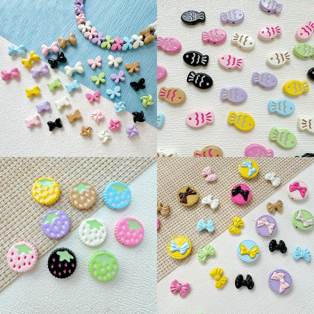 5ชิ้น/แพ็คน่ารักโบว์สตรอเบอร์รี่บิสกิตโลหะผสมลูกปัดสําหรับ ทําเอง โทรศัพท์โซ่ต่างหูจี้