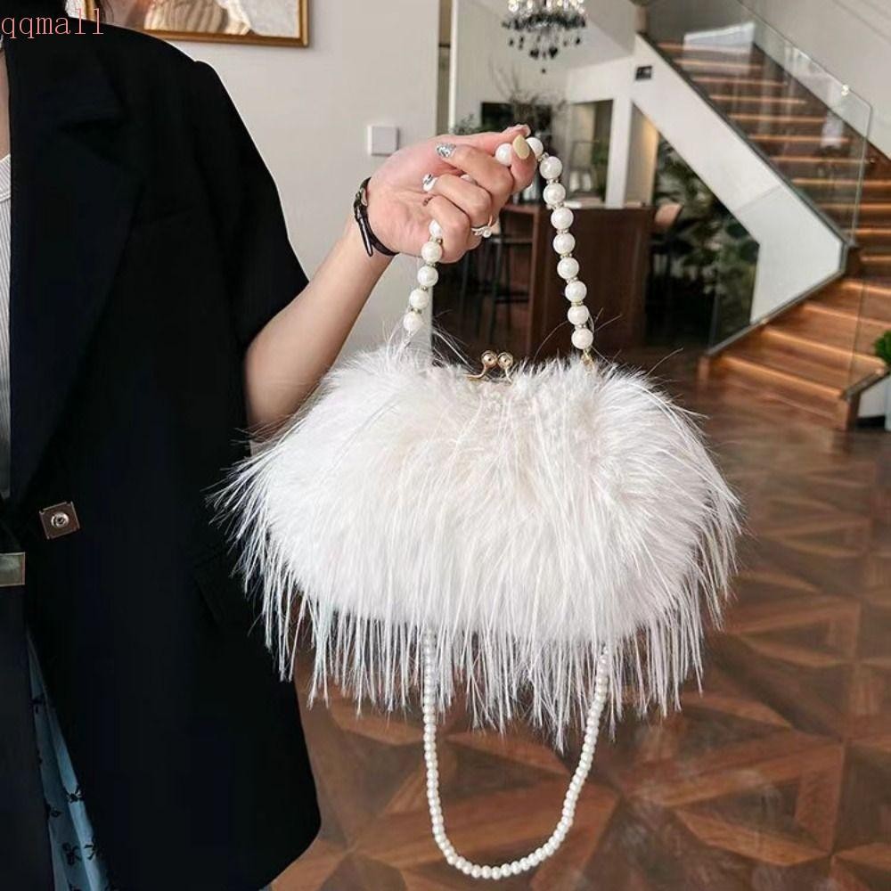 Qqmall กระเป๋าจัดเลี้ยงเย็น,กระเป๋าถือตุ๊กตา Pearls Handle,Retro Lock Buckle ความจุขนาดใหญ่กระเป๋าสะพายทรงสี่เหลี่ยมสาว