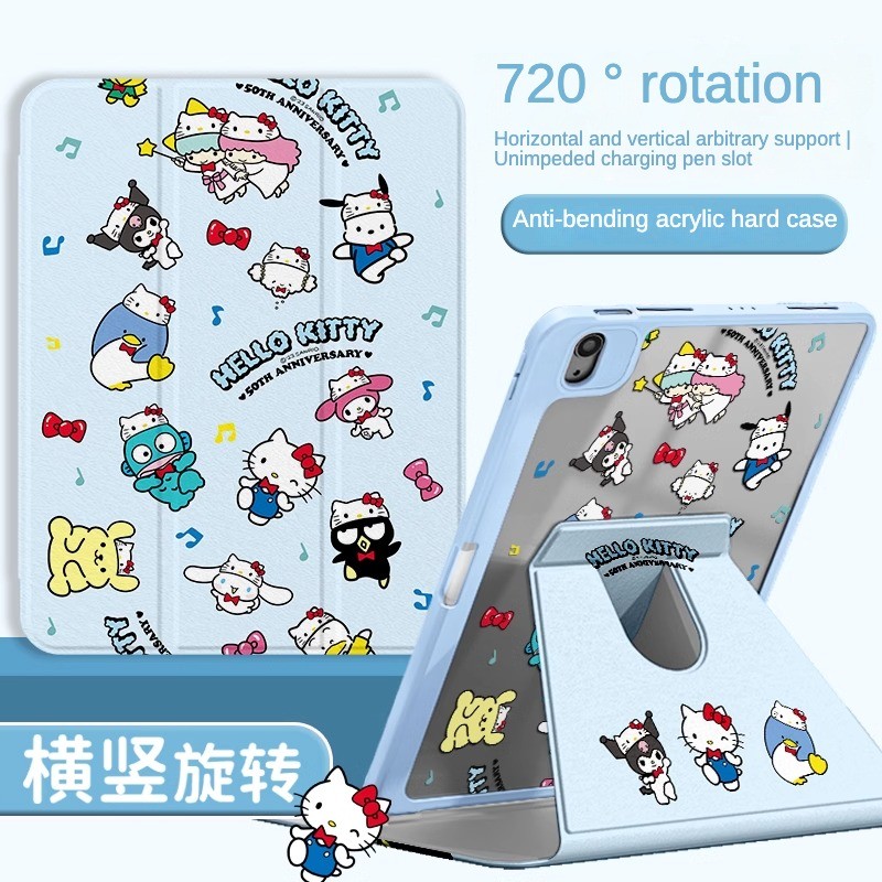 720° เคส iPad หมุนได้พร้อมช่องเสียบปากกาการ์ตูนสีฟ้า Sanrio อะคริลิค Backboard Pro11 Gen10 Gen9 Gen8 Gen7 10.2 นิ้ว Gen6 Gen5 Air6 Air5 Air4 Air3 Air2 ฝาครอบ iPad หมุนได้