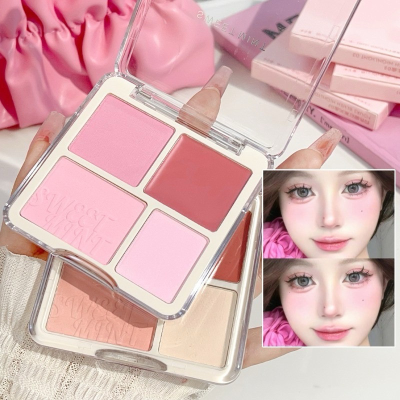 O-07🌟Sweet Mint บลัชออน ไฮไลท์และคอนทัวร์พาเลต 4สี Blush& Highlight & Contour ติดทนนาน เครื่องสำอาง กันน้ำ กันเหงื่อ