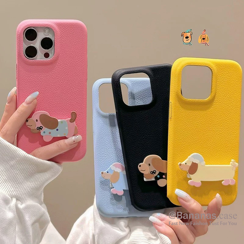 Iphone 16 15 14 13 12 11 Pro Max X Xr Xs Max 7 8 Plus SE2020 เคสโทรศัพท์ Ins สุนัขน่ารัก Simple Candy สี Soft + ขาตั้งโลหะ Litchi ฝาครอบหนัง