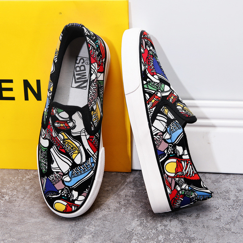 Graffiti รองเท้าผ้าใบผู้ชาย Low-Top เวอร์ชั่นเกาหลีเยาวชนรองเท้าผู้ชาย Slip-On รองเท้าขี้เกียจรองเท้าลําลองผู้ชายอินเทรนด์ S