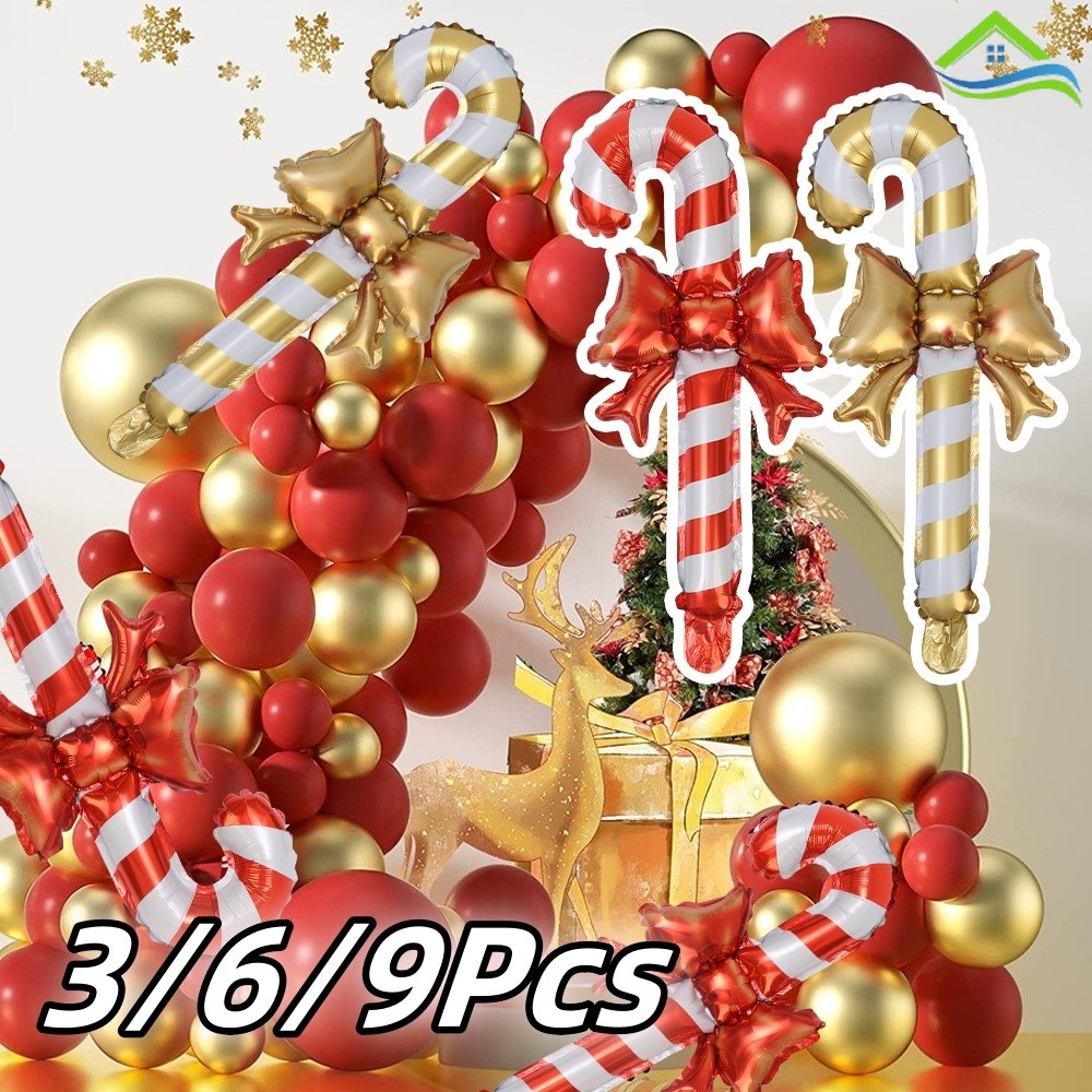 3/6/9 ชิ้น Joyful Christmas Candy Bow Cane บอลลูน - พราวสีแดง/ทอง Bowknot Crutch Airballoon - ตกแต่งฉากปาร์ตี้คริสต์มาส