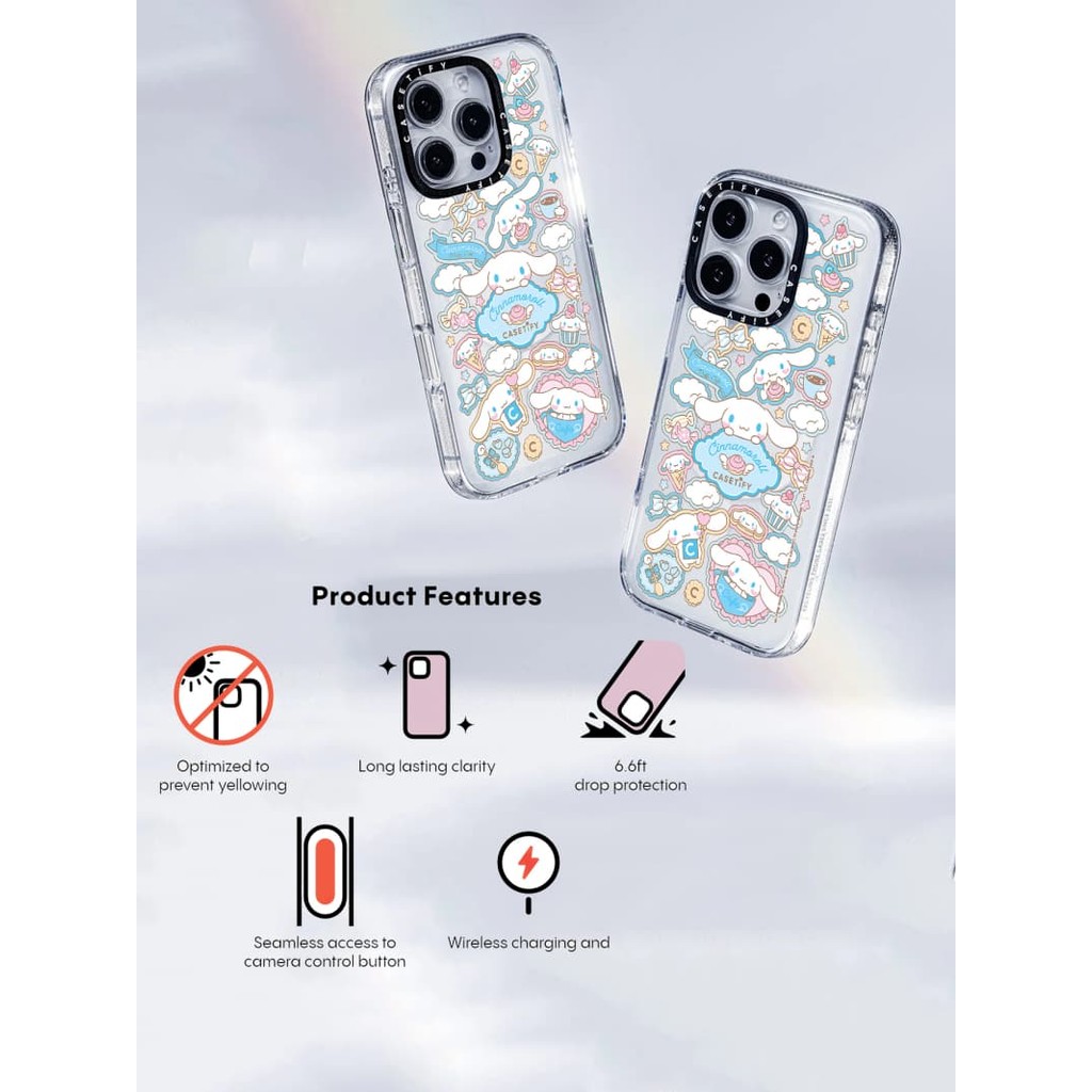 Casetify X Sanrio ตัวอักษร - Cinnamoroll Lovely Cafe สติกเกอร์แม่เหล็กดูดอะคริลิคใสกลับ TPU Edge IPhone กรณี Impact สําหรับ Apple IPhone 13 14 15 16 Pro Max