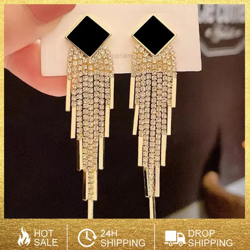Long Tassel Earrings For Women Luxury Rhinestone Punk Bridal Punk Trendy Earrings Party Personality 