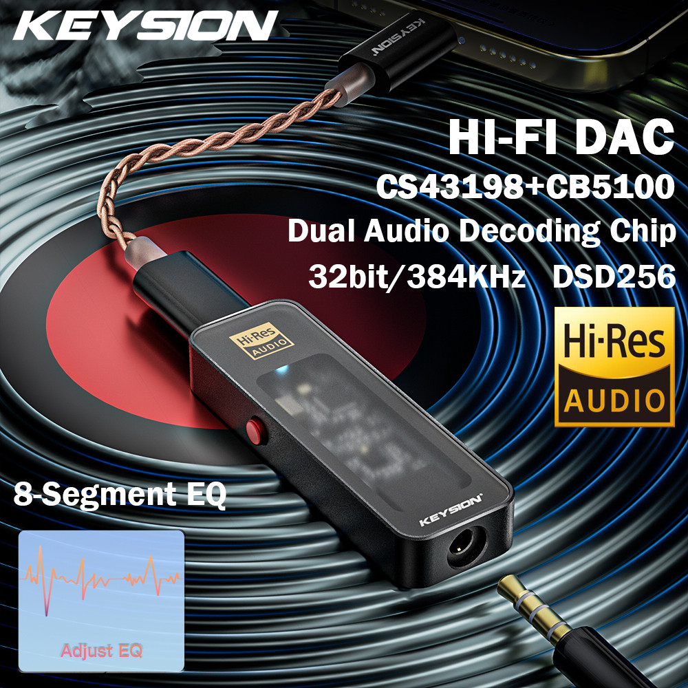 Keysion CS43198 USB DAC เสียง HiFi ถอดรหัส 384KHz DSD256 Type-C ถึง 3.5 มม.ปรับ EQ HD เครื่องขยายเสี