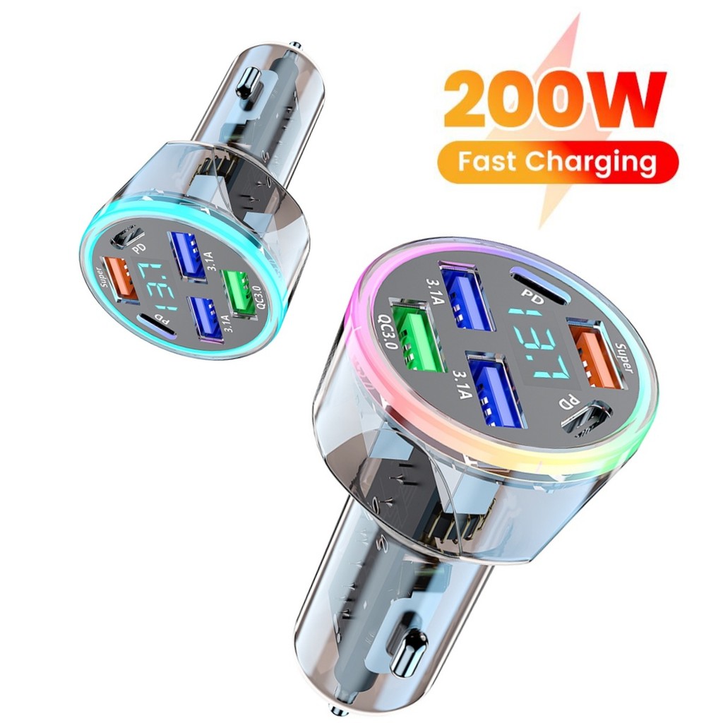 เครื่องชาร์จในรถยนต์ 6 พอร์ต เครื่องชาร์จโทรศัพท์ในรถยนต์ 200W ชาร์จเร็วสุด ที่จุดบุหรี่ในรถยนต์ การชาร์จแบบแฟลช USB หลายตัว