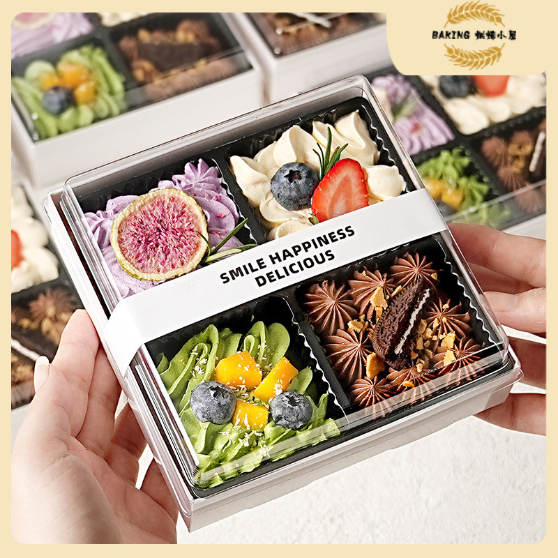 10 ชิ้น กล่องเค้ก 4 ชิ้น กล่องขนม กล่องอบครัว ทรามิ ขนาดเล็ก 4 ช่อง ทิ้งได้