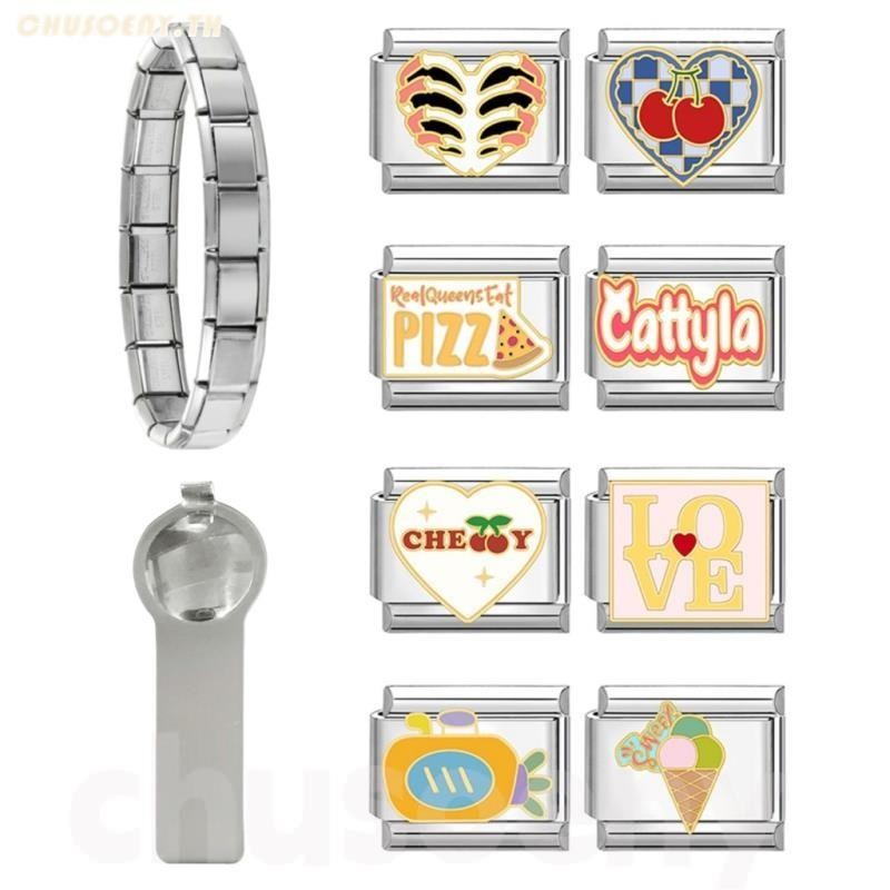 ยอดนิยม Love Heart Hot Cherry Italian Charm Links Fit 9 มม.สร้อยข้อมือสแตนเลสทําเครื่องประดับ