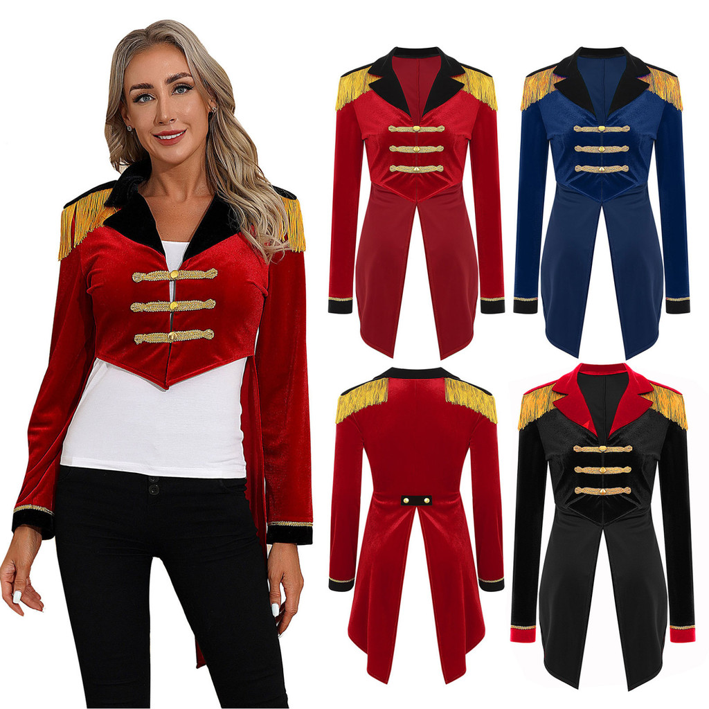 ผู้หญิง Circus Ringmaster เครื่องแต่งกายฮาโลวีน Carnival Party Magician Showman คอสเพลย์ประสิทธิภาพ Tailcoat แขนยาวกํามะหยี่ Tuxedo Coat