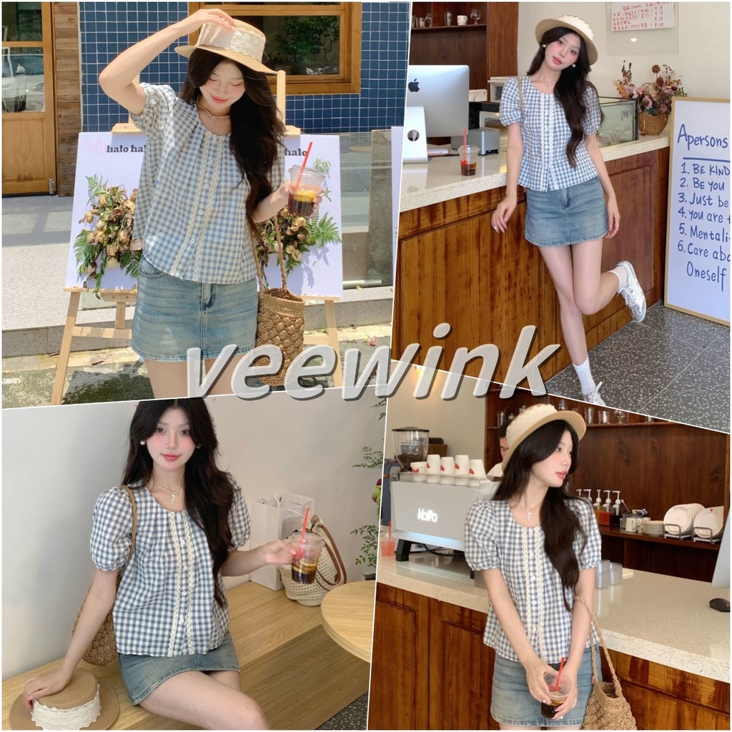 Veewink เสื้อแขนสั้นลูกไม้ลายสก๊อต สไตล์ฝรั่งเศสหวานๆ เนื้อผ้าหลวมสวยใส่น่ารัก