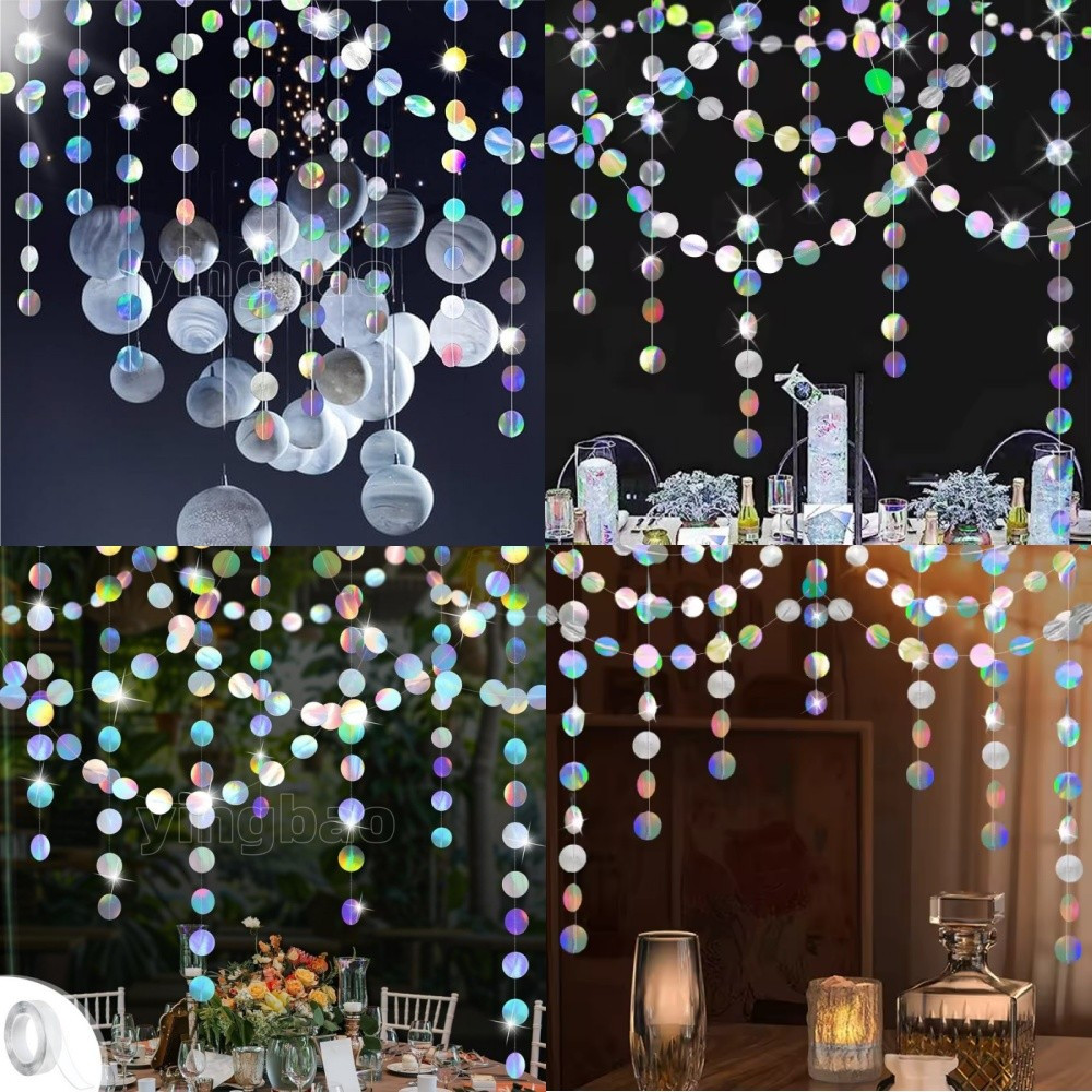 4 แพ็ค 16 เมตร Iridescent Holographic วงกลม Garlands แบนเนอร์ Disco Theme วันเกิดแขวนแบนเนอร์พื้นหลังเครื่องประดับ Party Supplie