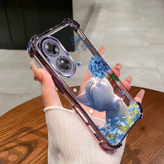 สําหรับ OPPO A17 A18 A38 4G A97 เคสโทรศัพท์ดอกไม้แมวสี่มุมซิลิโคน TPU โปร่งใสนุ่ม XH007