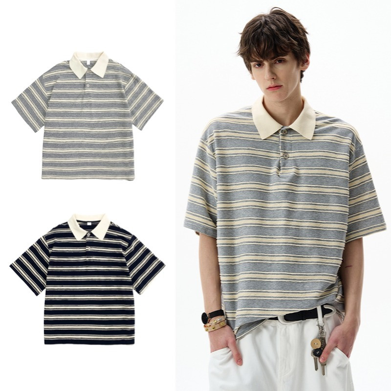 SUIKONE ซุยโคเนะ เสื้อโปโลแขนสั้นลายทางย้อนยุคอเมริกันสําหรับฤดูร้อนผู้ชายและผู้หญิงท็อปส์ซูสีตัดกันระดับไฮเอนด์