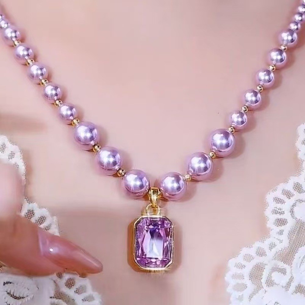 ใหม่ High-End คริสตัลจี้สร้อยคอสีม่วง Pearl Square Clavicle Chain แฟชั่นหรูหรา เครื่องประดับ