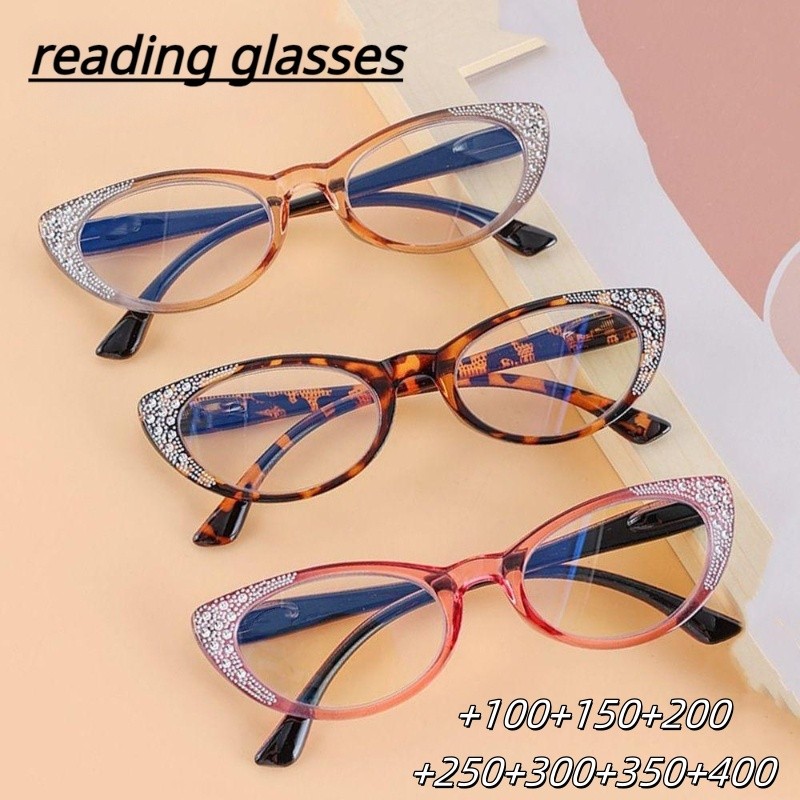 Retro Cat Eye Rhinestone Anti-Blue Light แว่นตาระดับสายตานอนหนังสือและปกป้องดวงตา
