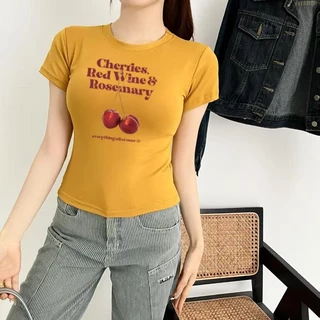 G01-10 เสื้อยืดสีดำ แขนสั้นพิมพ์ลายเชอรี่ สุดน่ารัก แนวเกาหลี หลายไซส์ ผ้านิ่มสวมใส่สบาย ใส่ได้ทุกโอกาส ราคาถูก