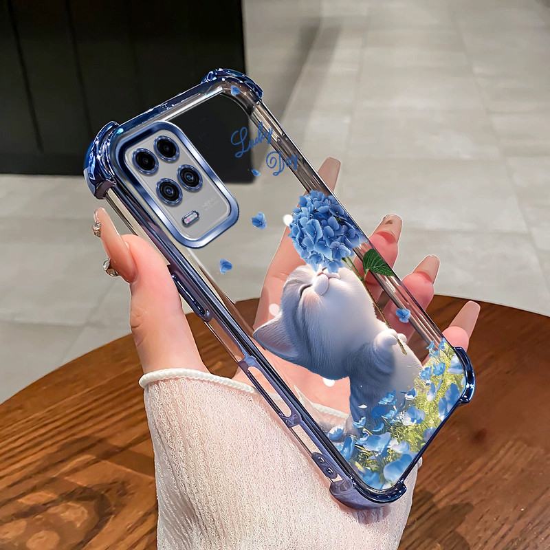 เคสสําหรับ OPPO A54 A55 4G เคสโทรศัพท์ดอกไม้แมวสี่มุมซิลิโคน TPU นิ่มโปร่งใส XH007