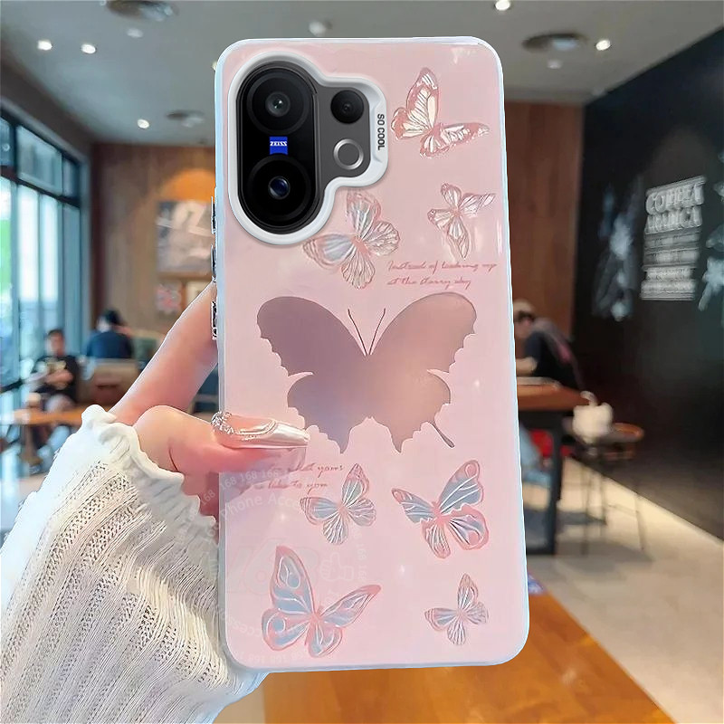 เคส Vivo X200 FE Case เคสน่ารักสีสันสีชมพูผีเสื้อกันกระแทกพร้อมกระจกที่วางโทรศัพท์ยืนหรูหราเคลือบฮาร์ดโทรศัพท์สําหรับสาวนักเรียนผู้หญิง