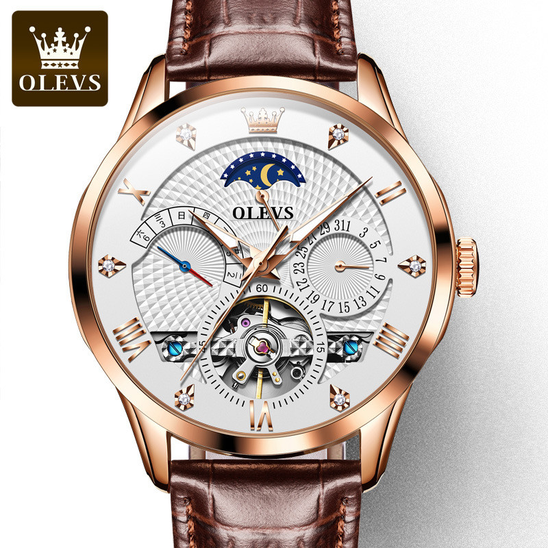 OLEVS นาฬิกาสําหรับชายอัตโนมัตินาฬิกาโครงกระดูกมัลติฟังก์ชั่นกันน้ํา lumminious นาฬิกาผู้ชาย 6652cs