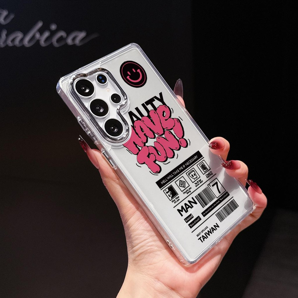 โลหะใสกล้องเคสโทรศัพท์ออกแบบการ์ตูน Happy Sign สําหรับ Samsung S25 S20 S24 S22 S21 S23 S23FE S22FE S