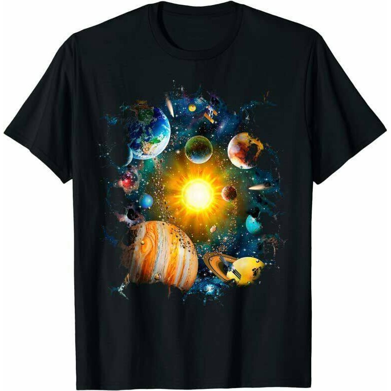 เสื้อยืดคอกลมแขนสั้นลายนักบินอวกาศระบบสุริยะดาวเคราะห์แฟชั่น