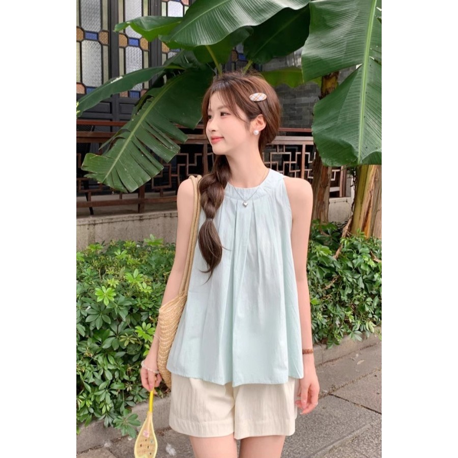 สไตล์ Ins Mint Mambo สไตล์ Mint Mambo หวาน Halterneck กั๊กแขนกุดผู้หญิงเสื้อยืดฤดูร้อนออกแบบ Niche จ