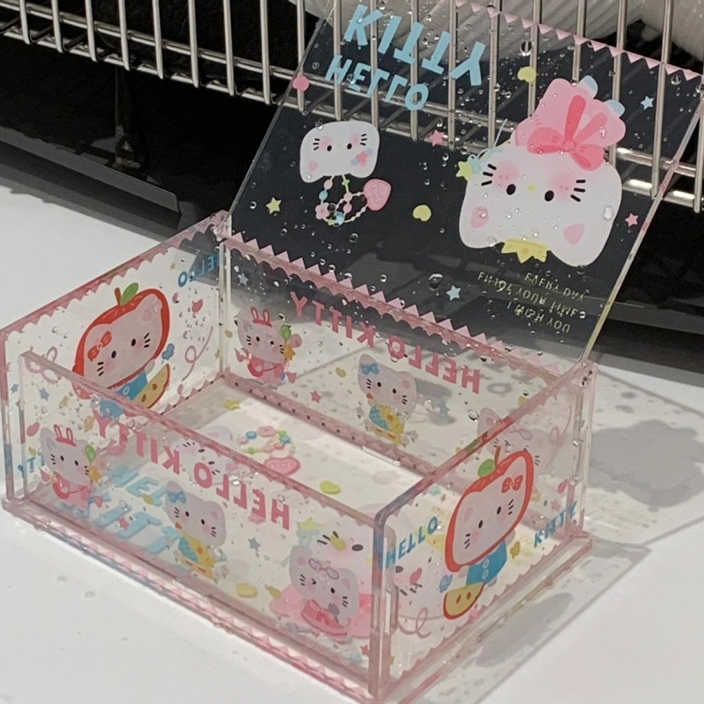 กล่องเก็บของ Hello Kitty น่ารักอะคริลิคพลิกกล่องเก็บของตั้งโต๊ะเครื่องประดับป้องกันฝุ่นที่ถอดออกได้
