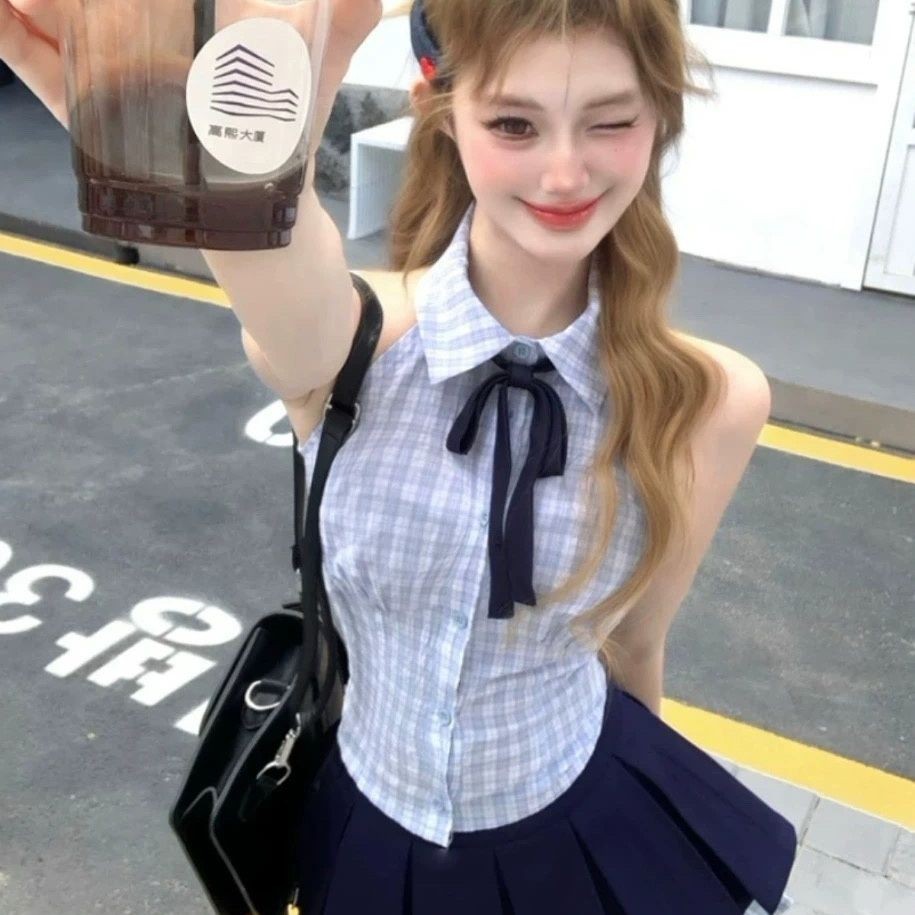 American Retro College Style Outfit JK Uniform Hot Girl Pure Lust Halter Collar Shirt S